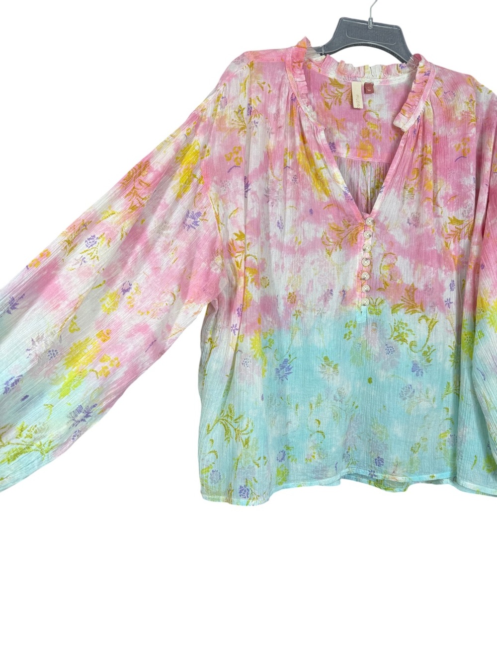 Pilcro Anthropologie Pink Blue Crinkle Gauze Henley Top Balloon Sleeve L - Picture 5 of 13